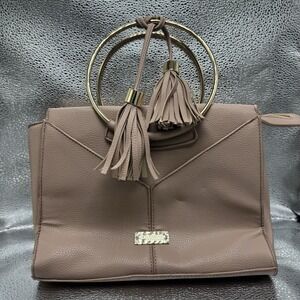 Bebe Designer Leather Handbag Metal Ring Handle Tassel Accent Purse Fashion Tote